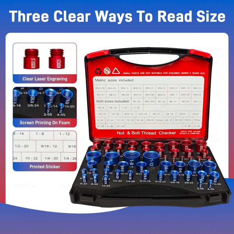 HiNADA 52PCS Nut and Bolt Thread Checker, 28 Inch & 24 Metric Box Set Thread Gauge, Thread Checker Kit in Standard and Metric Suitable for Nut Bolt Size Finder on Tricky and Narrow Area - Image 4